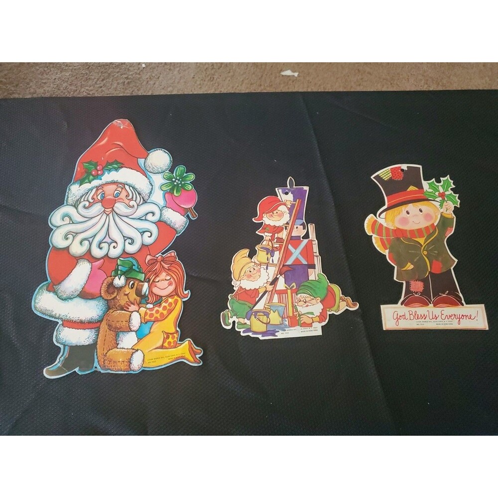 3 FUN WORLD VTG Christmas Decorations Cut Outs Die Cuts Colorful Hong Kong